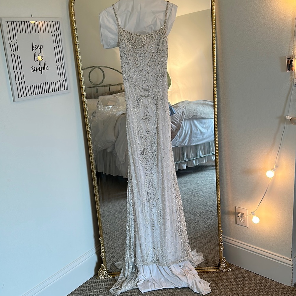Long white beaded prom/wedding dress, small train, open back, WORN ONCE, beads